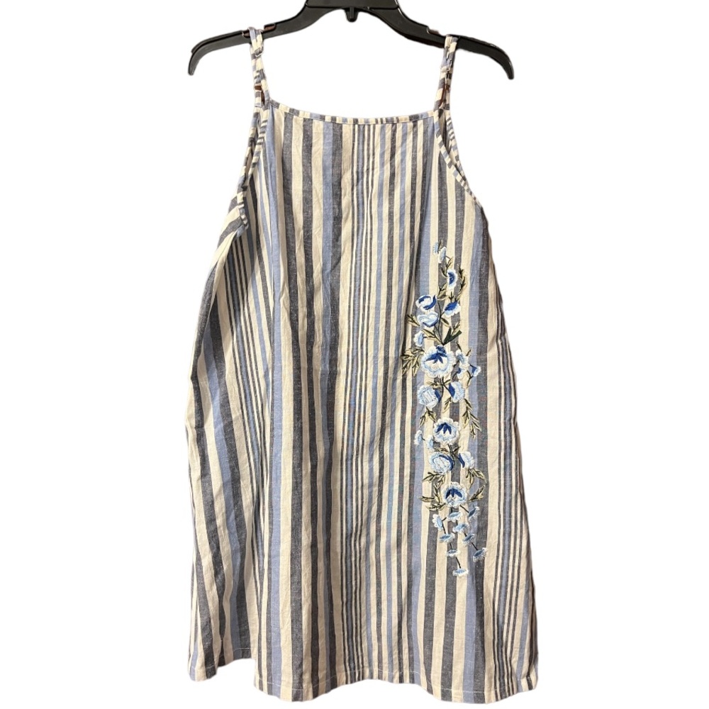 Angie Blue & White Striped Cotton Mini Dress with Floral Embroidery Size Large